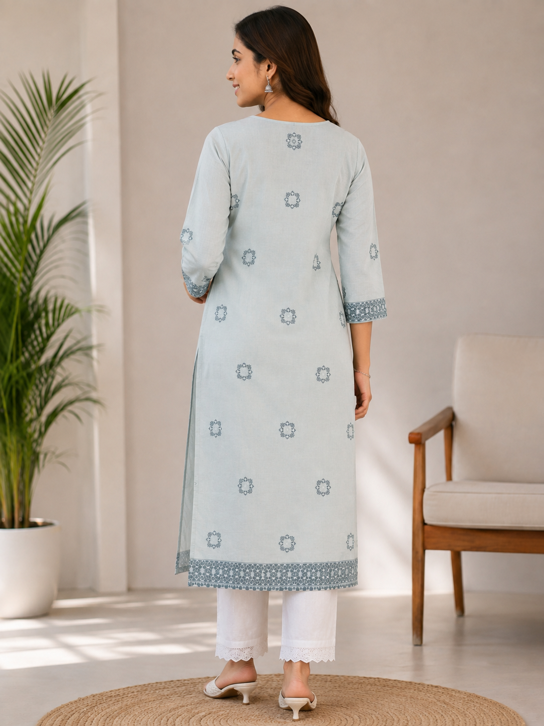 Women’s Light Blue Printed Straight Kurta with White Pants | Elegant Ethnic Wear Set