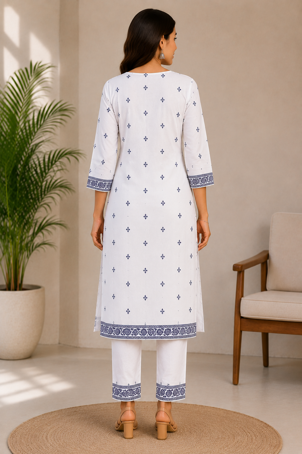 Women’s White & Navy Blue Printed Kurta Pant Set | Elegant Straight Ethnic Wear