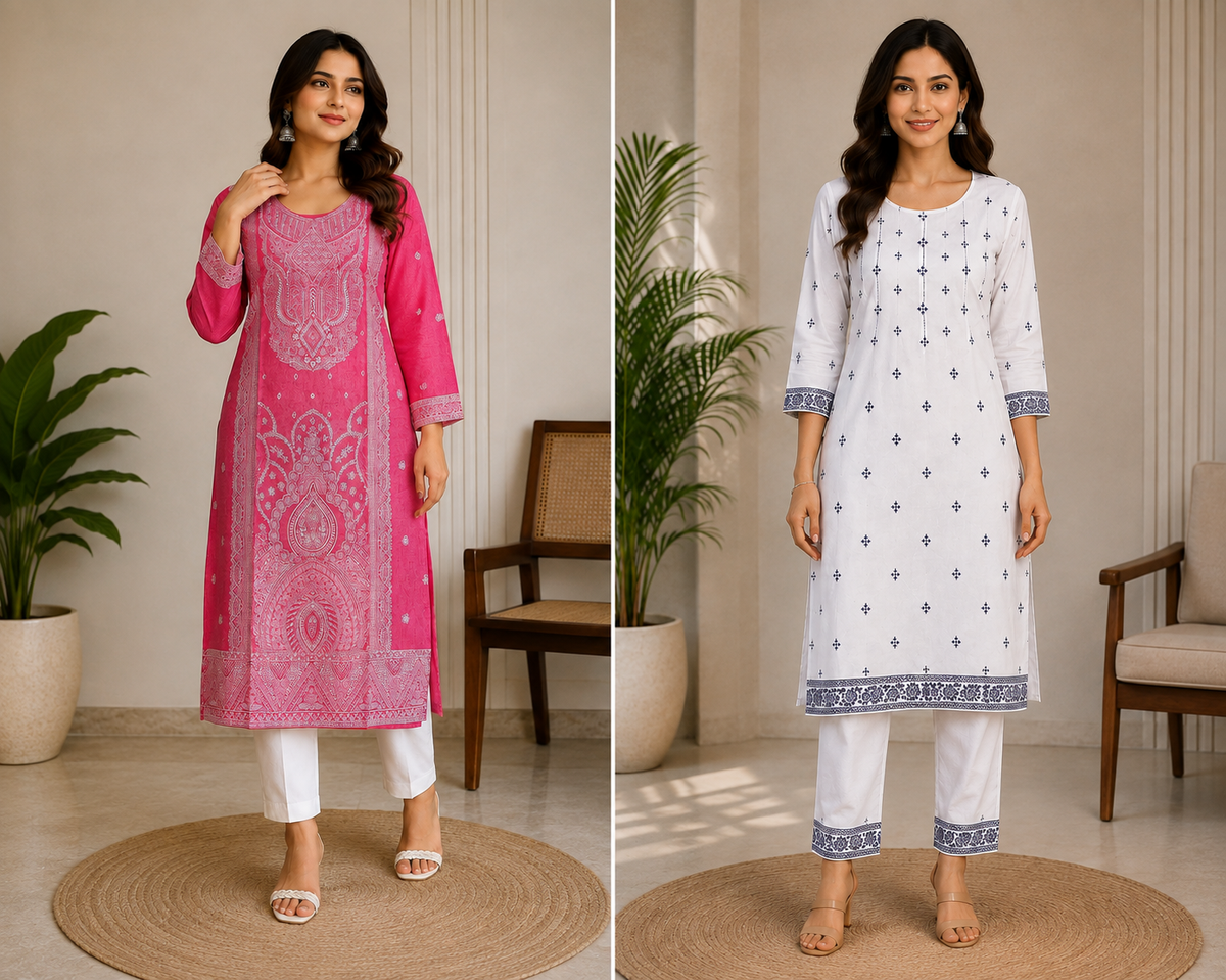 Women’s White Printed Straight Kurta with Matching Pants – Elegant Ethnic Wear Set