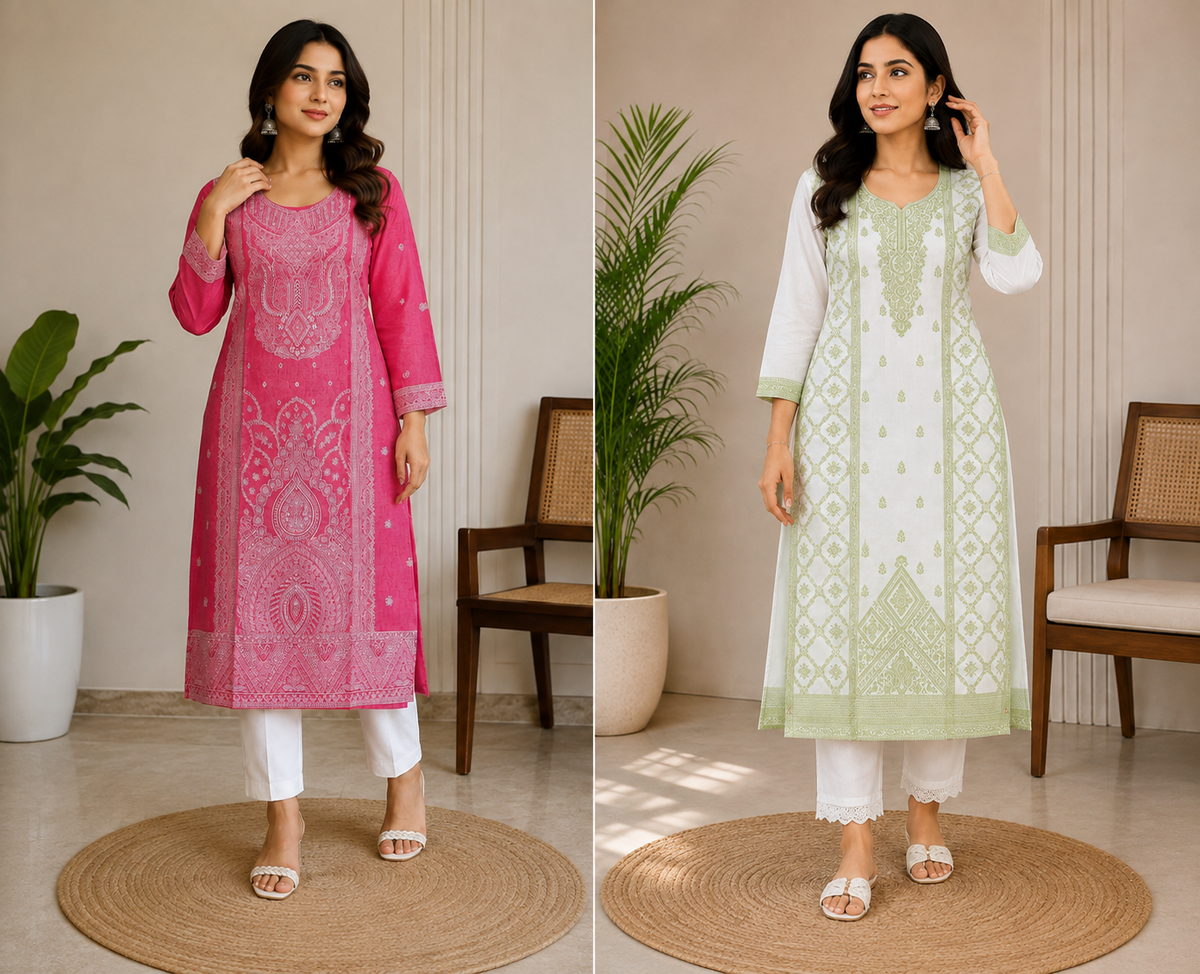 Women’s White & Green Printed Straight Kurta with White Pants – Elegant Ethnic Wear