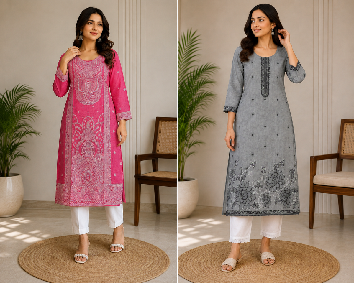 Women’s Grey Printed Straight Kurta with White Pants – Elegant Ethnic Wear Set