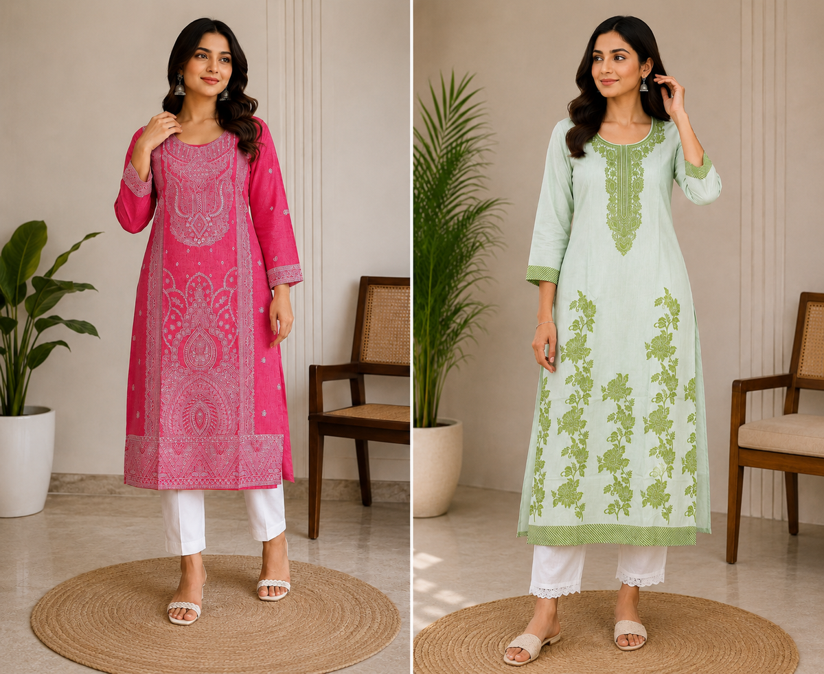 Women’s Light Green Printed Straight Kurta with White Pants – Elegant Ethnic Wear Set