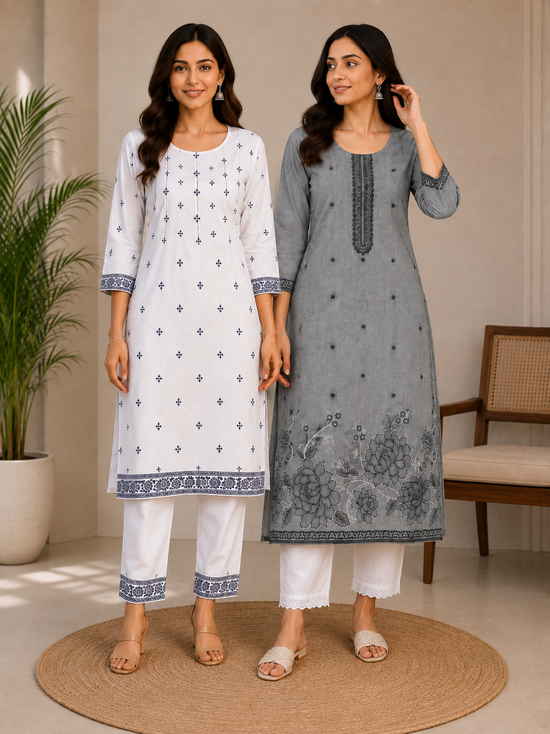 Women’s Printed Straight Kurta with White Pant – Elegant Floral & Ethnic Design