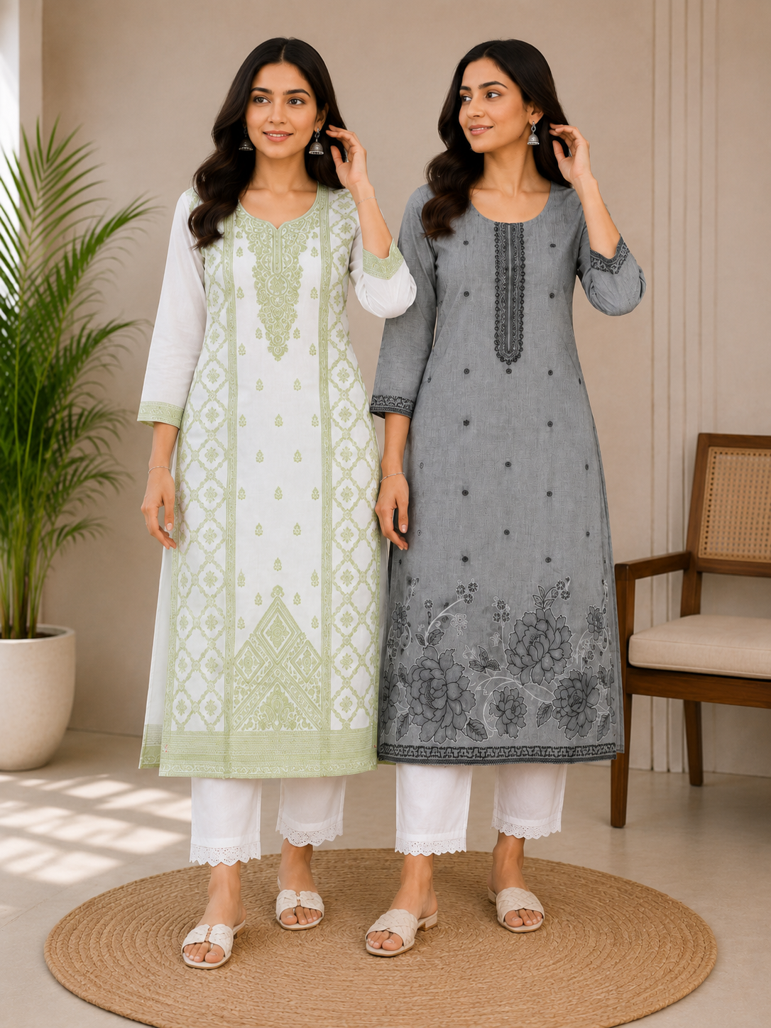 Women’s Printed Straight Kurta with White Pants – Light Green & Grey Ethnic Wear Set