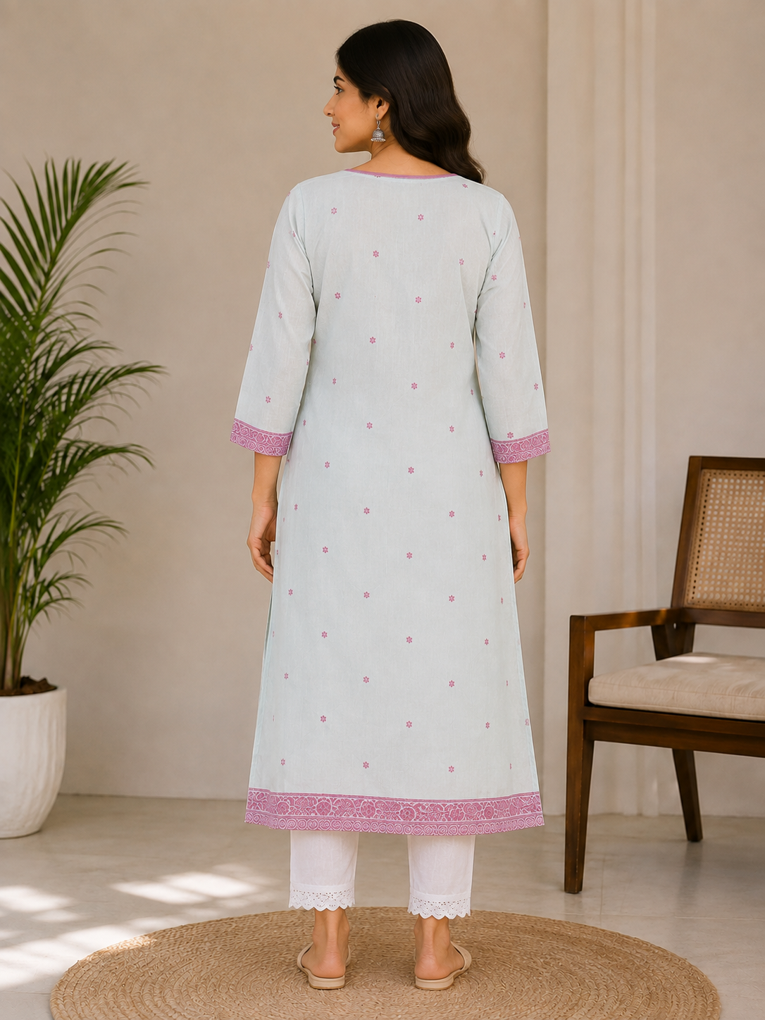 White & Pink Floral Printed Straight Kurta Set with White Pants