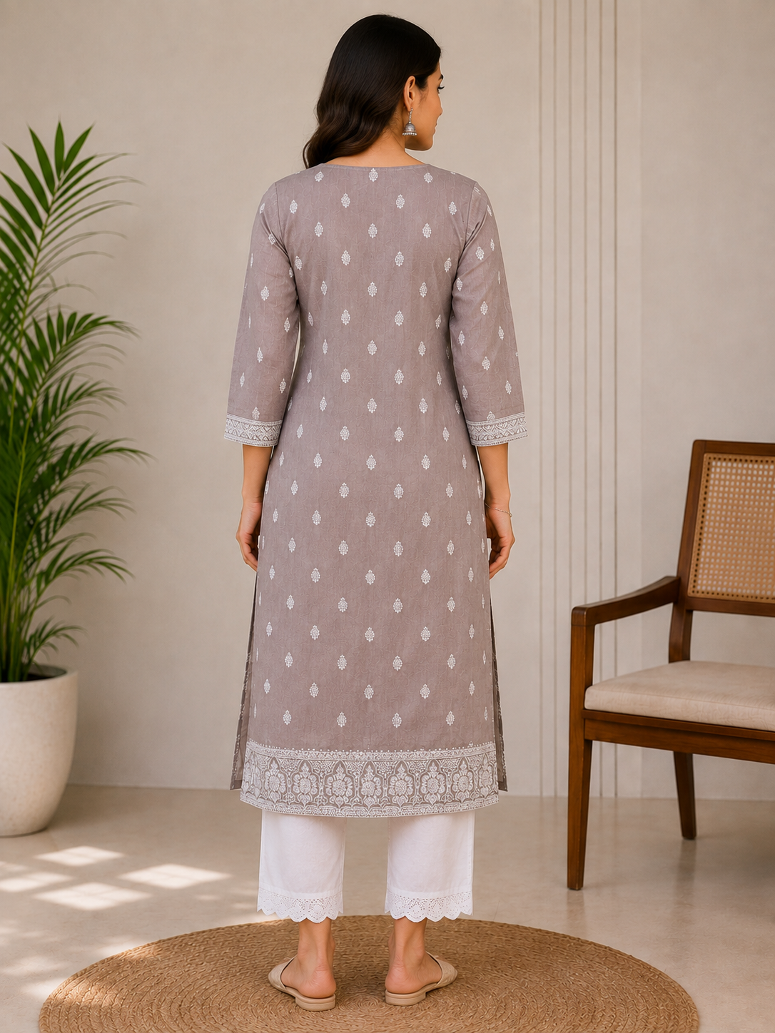 Women’s Taupe Printed Straight Kurta with White Lace Pants | Elegant Ethnic Wear Set