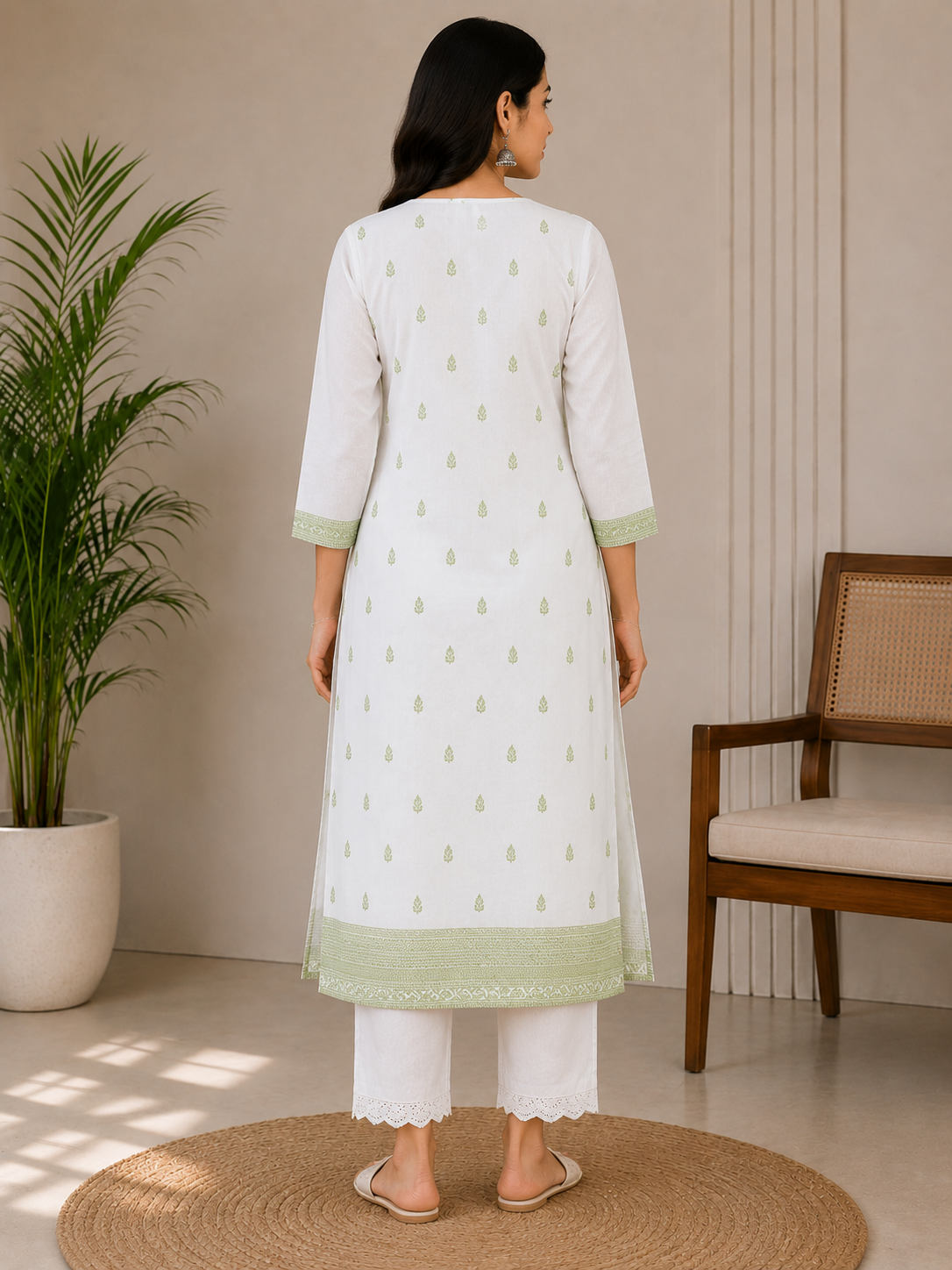 Women’s White & Pastel Green Printed Straight Kurta Pant Set | Elegant Ethnic Wear