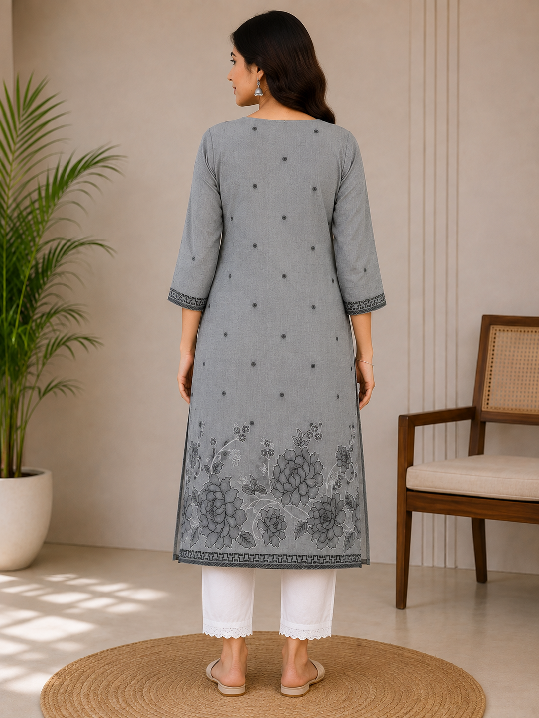 Women’s Grey Floral Printed Straight Kurta with White Pants | Elegant Ethnic Wear Set