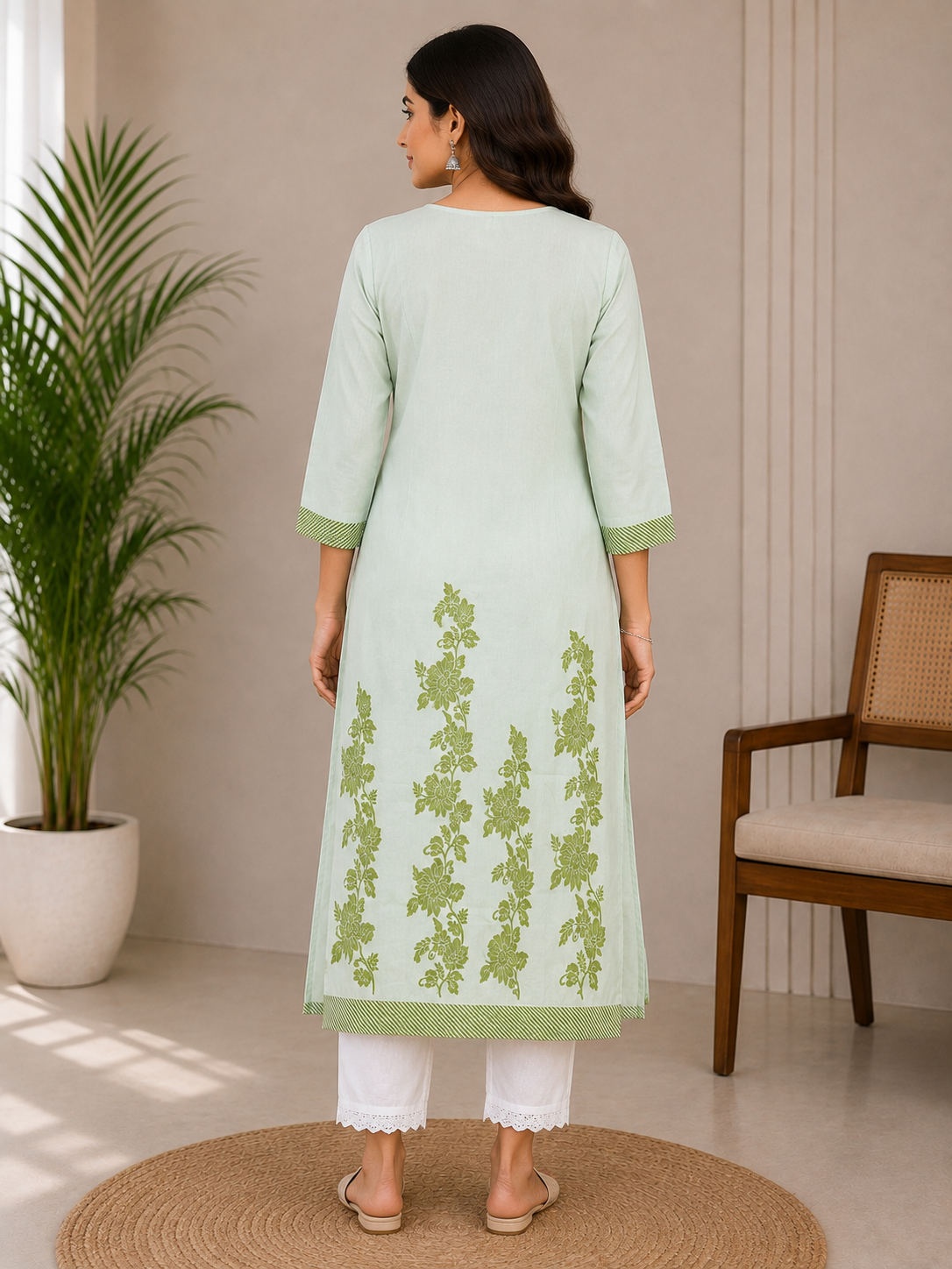 Women’s Pastel Green Floral Printed Straight Kurta with White Pants | Elegant Ethnic Wear Set