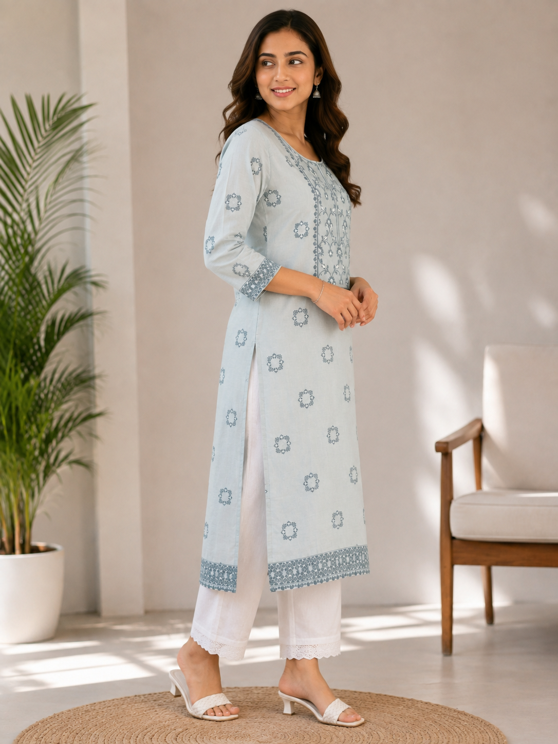 Women’s Light Blue Printed Straight Kurta with White Pants | Elegant Ethnic Wear Set