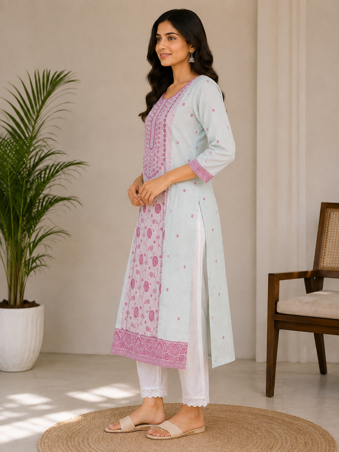 White & Pink Floral Printed Straight Kurta Set with White Pants