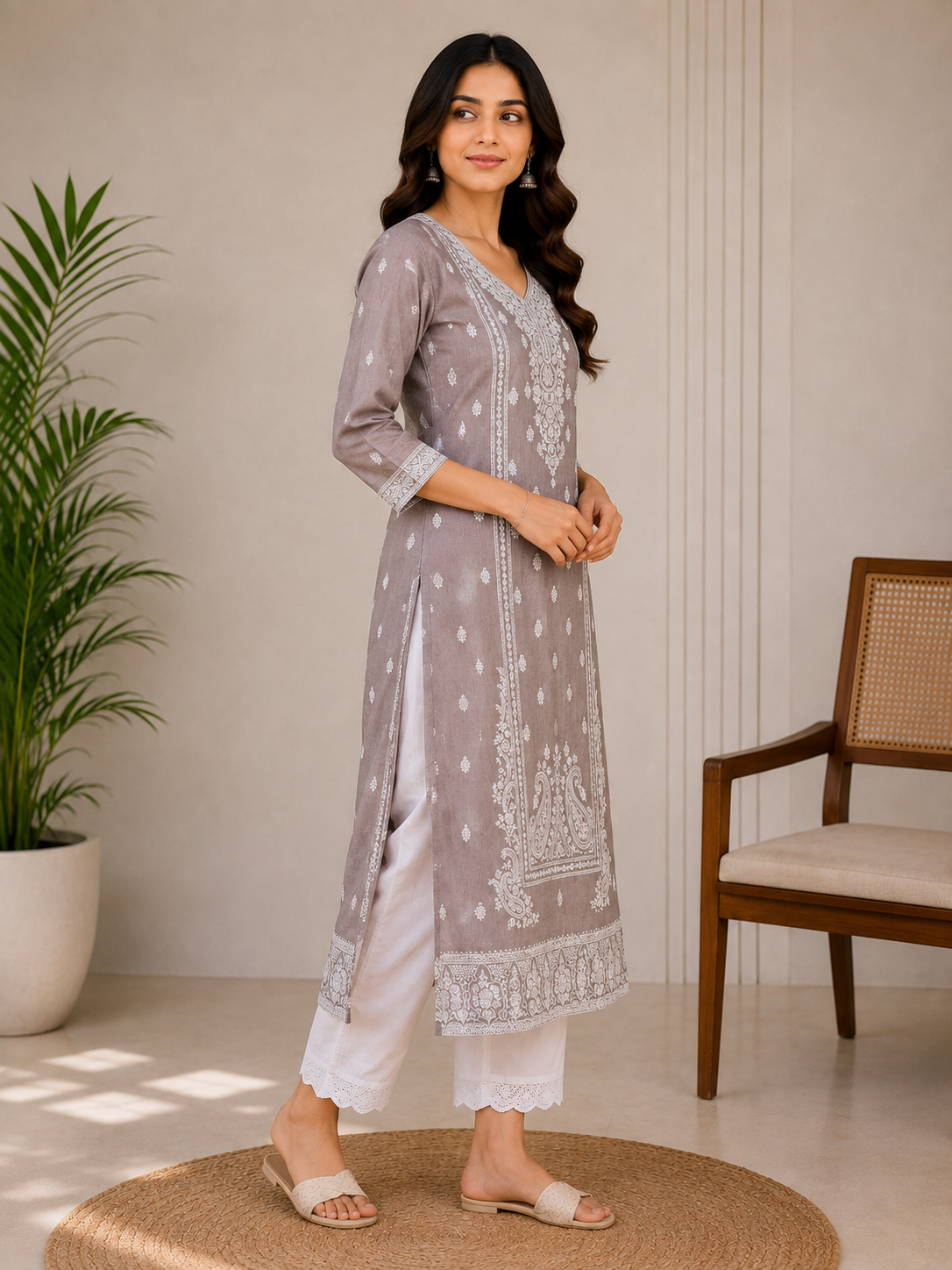Women’s Taupe Printed Straight Kurta with White Lace Pants | Elegant Ethnic Wear Set