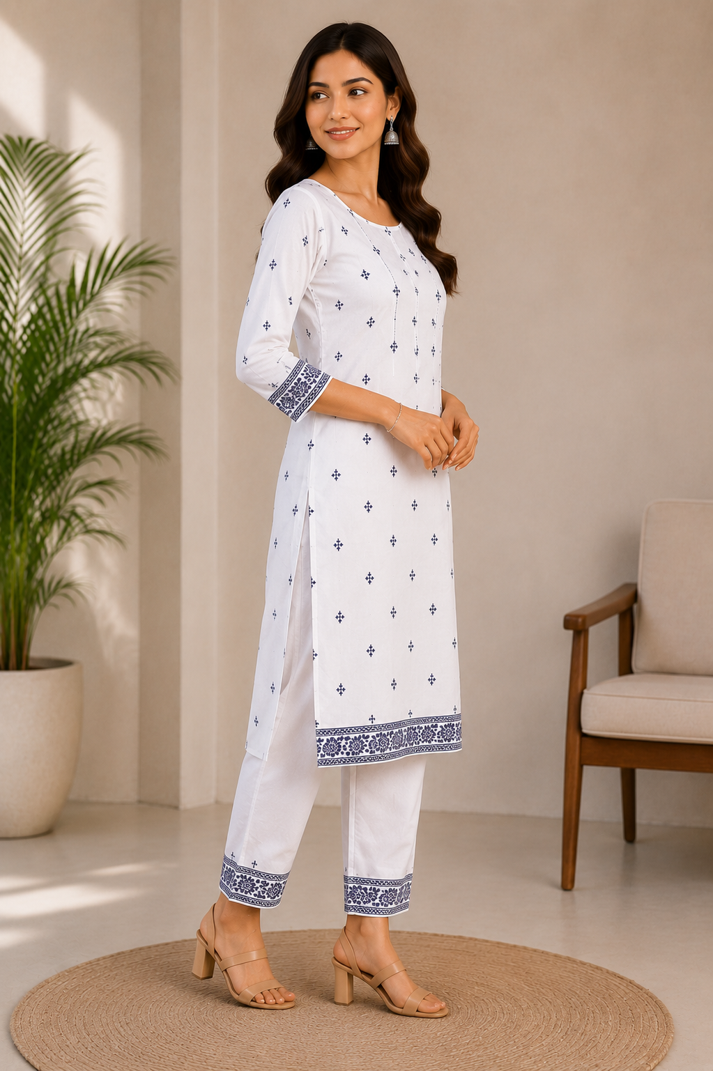 Women’s White & Navy Blue Printed Kurta Pant Set | Elegant Straight Ethnic Wear