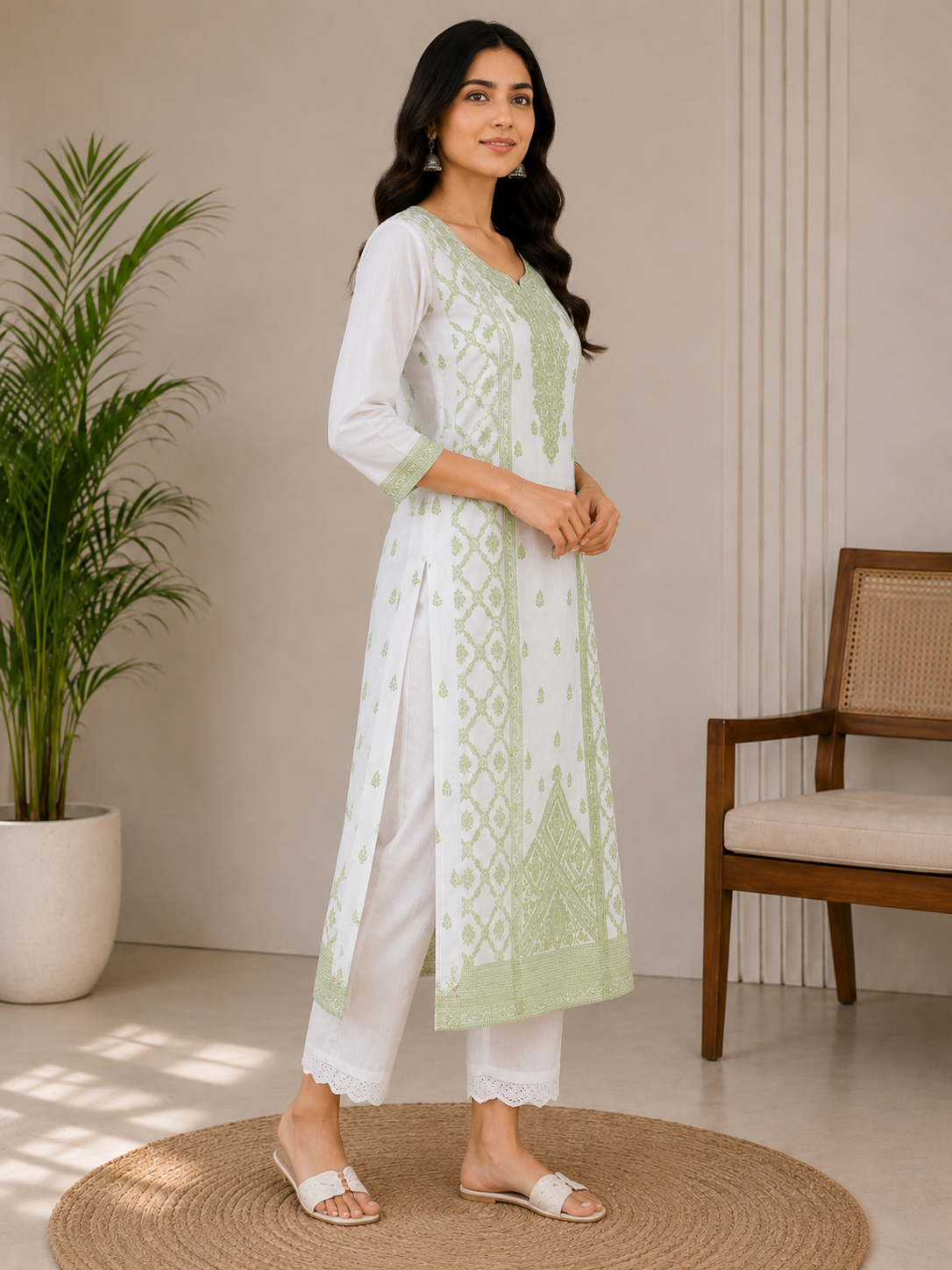 Women’s White & Pastel Green Printed Straight Kurta Pant Set | Elegant Ethnic Wear