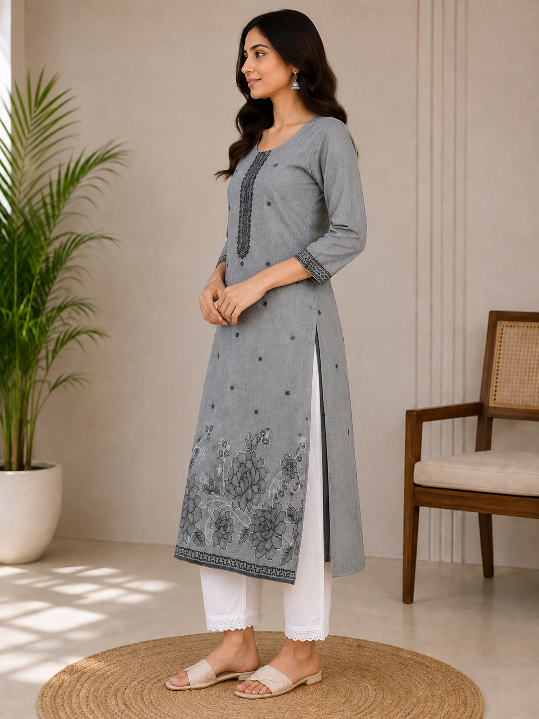 Women’s Grey Floral Printed Straight Kurta with White Pants | Elegant Ethnic Wear Set