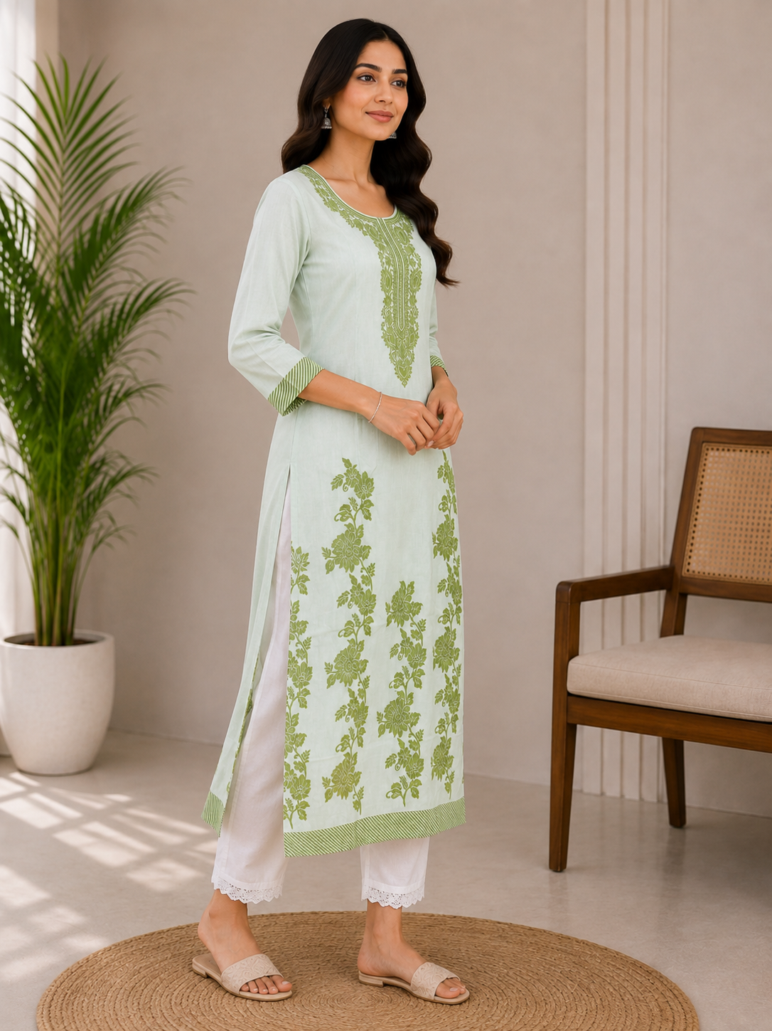 Women’s Pastel Green Floral Printed Straight Kurta with White Pants | Elegant Ethnic Wear Set