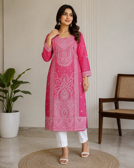 Women’s Pink Embroidered Straight Kurta | Elegant Ethnic Wear