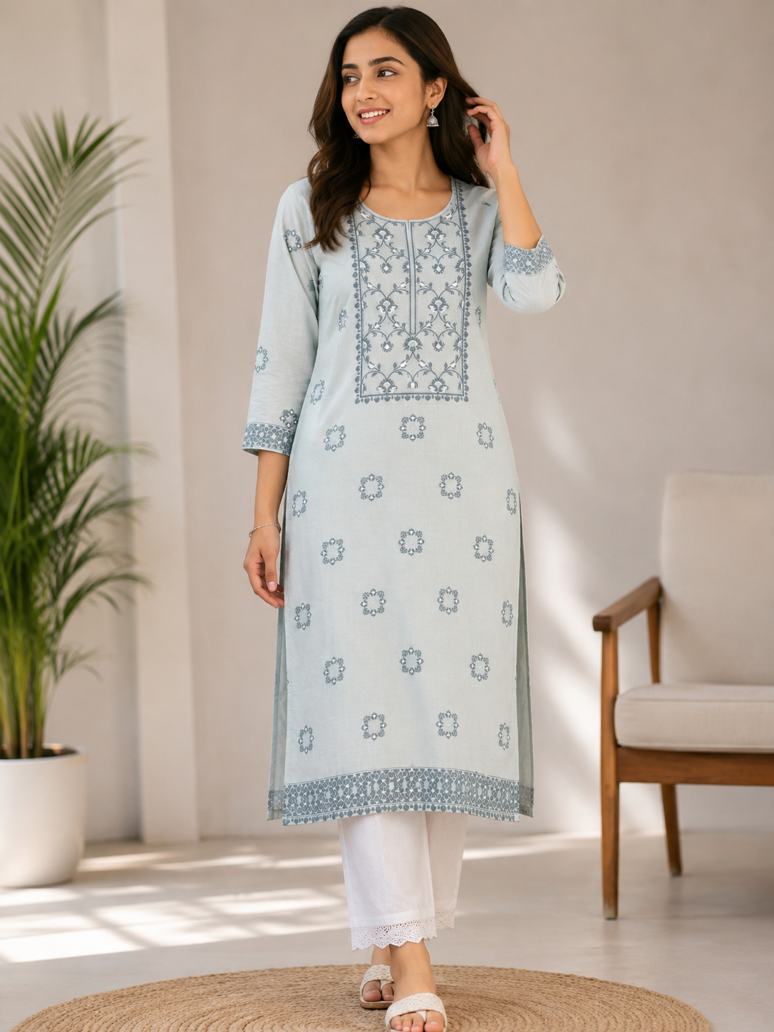 Women’s Light Blue Printed Straight Kurta with White Pants | Elegant Ethnic Wear Set