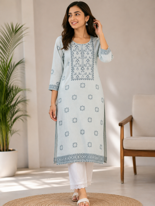 Women’s Light Blue Printed Straight Kurta with White Pants | Elegant Ethnic Wear Set