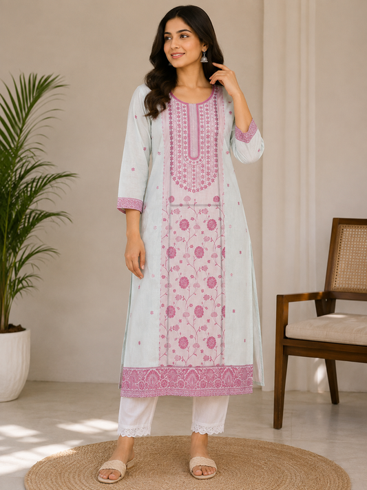 White & Pink Floral Printed Straight Kurta Set with White Pants
