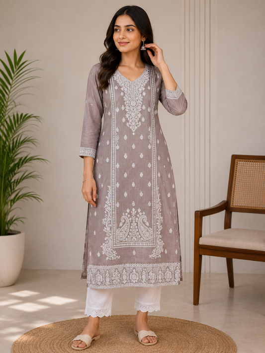 Women’s Taupe Printed Straight Kurta with White Lace Pants | Elegant Ethnic Wear Set
