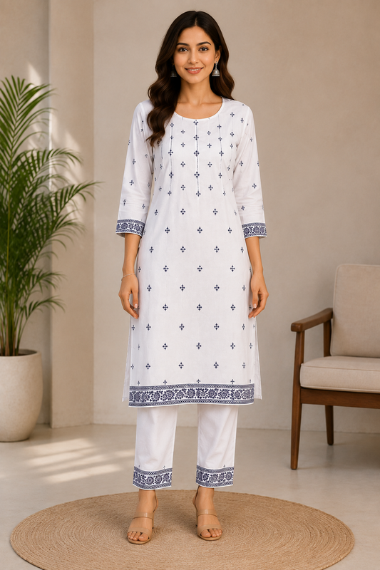 Women’s White & Navy Blue Printed Kurta Pant Set | Elegant Straight Ethnic Wear