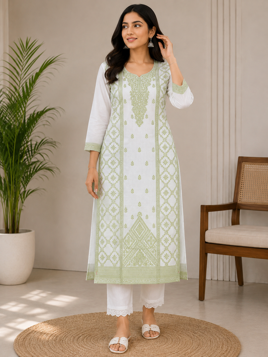 Women’s White & Pastel Green Printed Straight Kurta Pant Set | Elegant Ethnic Wear
