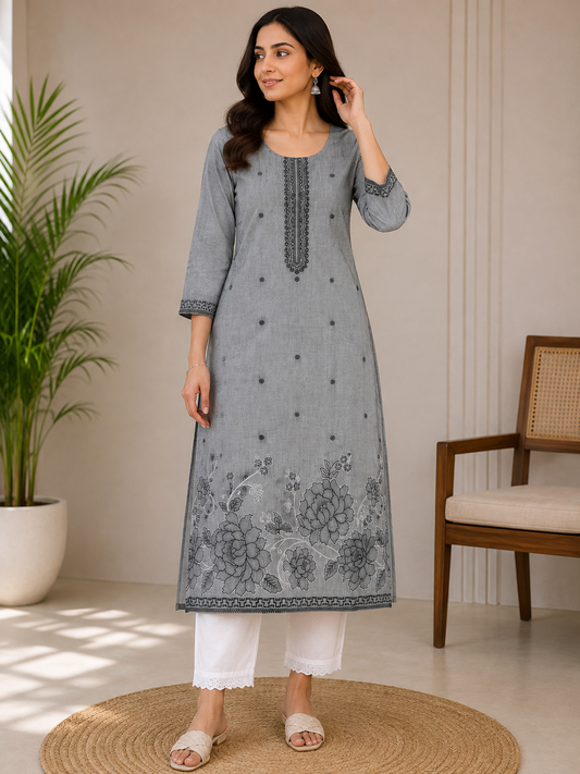 Women’s Grey Floral Printed Straight Kurta with White Pants | Elegant Ethnic Wear Set