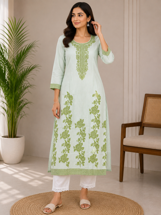 Women’s Pastel Green Floral Printed Straight Kurta with White Pants | Elegant Ethnic Wear Set