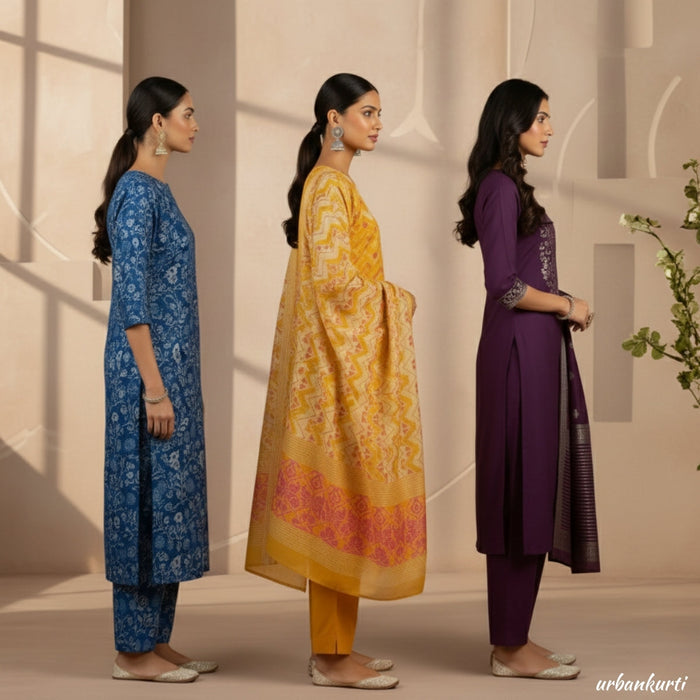 Women's Pack of 3 Pure Cotton Kurtis with Pant & Dupatta |C-012
