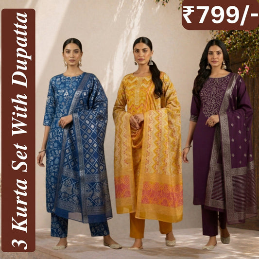 Women's Pack of 3 Pure Cotton Kurtis with Pant & Dupatta |C-012