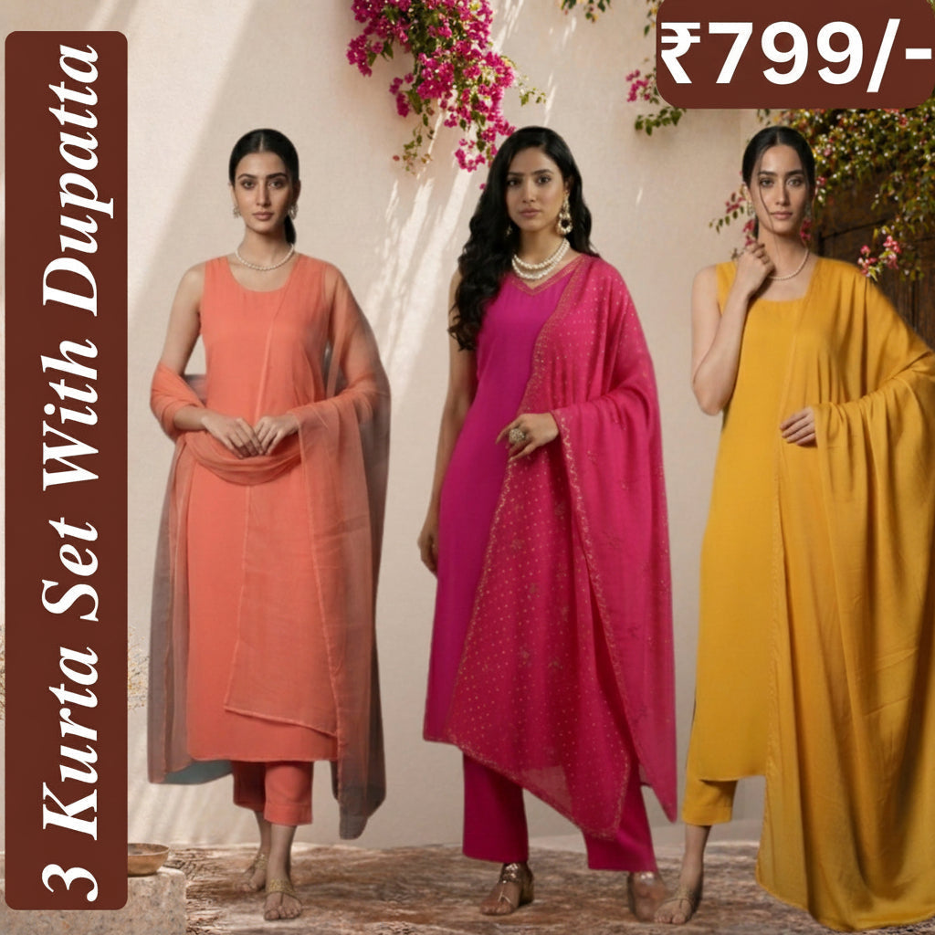 Women's Pack of 3 Pure Cotton Kurtis with Pant & Dupatta |C-019