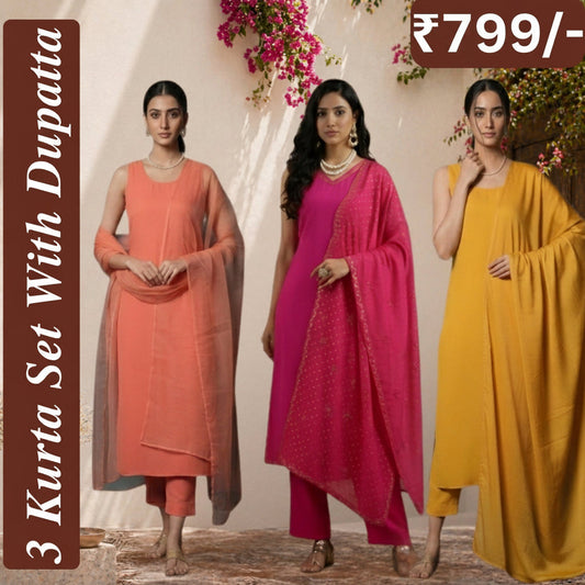 Women's Pack of 3 Pure Cotton Kurtis with Pant & Dupatta |C-019