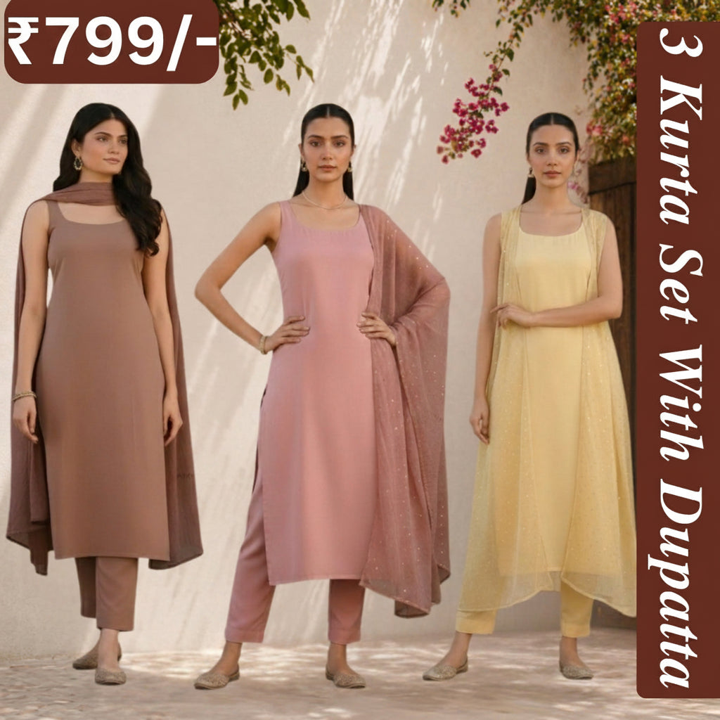 Women's Pack of 3 Pure Cotton Kurtis with Pant & Dupatta |C-018