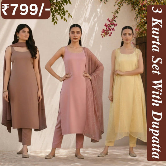 Women's Pack of 3 Pure Cotton Kurtis with Pant & Dupatta |C-018