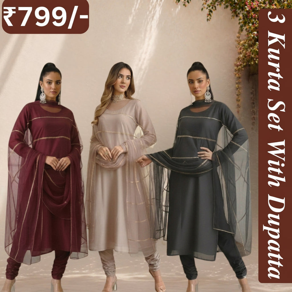 Women's Pack of 3 Pure Cotton Kurtis with Pant & Dupatta |C-013