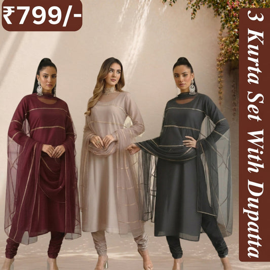 Women's Pack of 3 Pure Cotton Kurtis with Pant & Dupatta |C-013