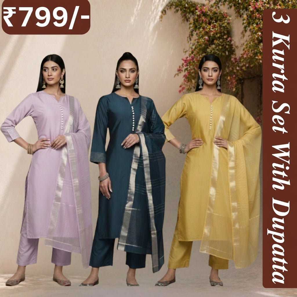 Women's Pack of 3 Pure Cotton Kurtis with Pant & Dupatta |C-014