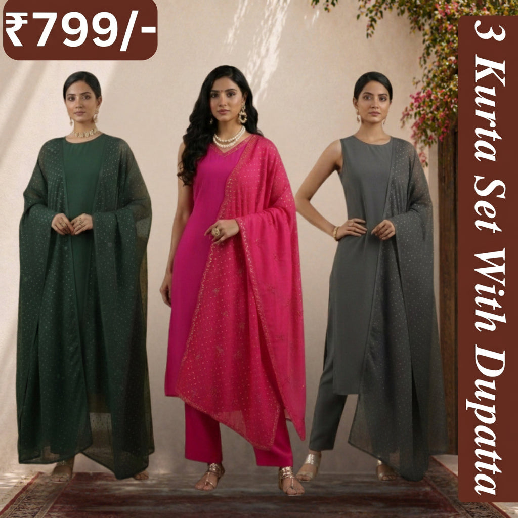 Women's Pack of 3 Pure Cotton Kurtis with Pant & Dupatta |C-016