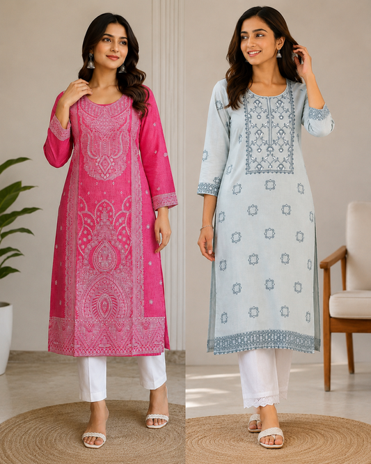 Women’s Printed Straight Kurta with White Pants – Elegant Ethnic Wear Set
