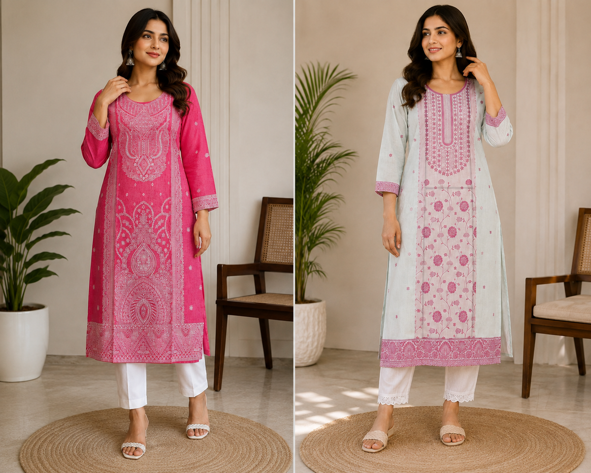 Women’s Printed Straight Kurta with White Pants & Dupatta – Elegant Ethnic Wear Set