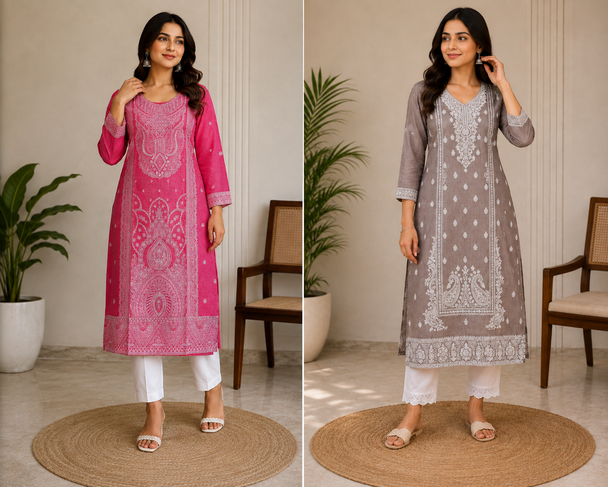 Women’s Printed Straight Kurta with White Pants – Elegant Ethnic Wear