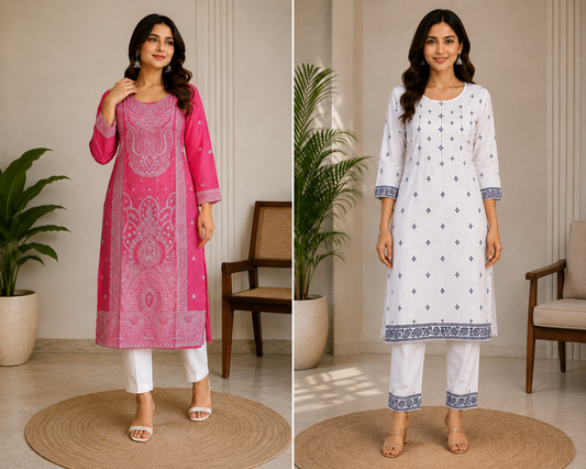 Women’s White Printed Straight Kurta with Matching Pants – Elegant Ethnic Wear Set