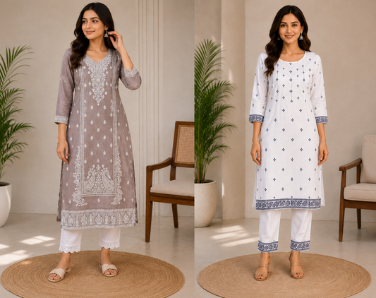 Women’s Taupe & White Printed Kurta Pant Set – Elegant Ethnic Wear Collection