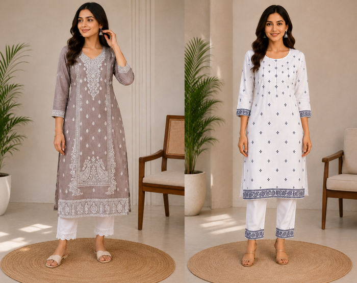 Women’s Taupe & White Printed Kurta Pant Set – Elegant Ethnic Wear Collection