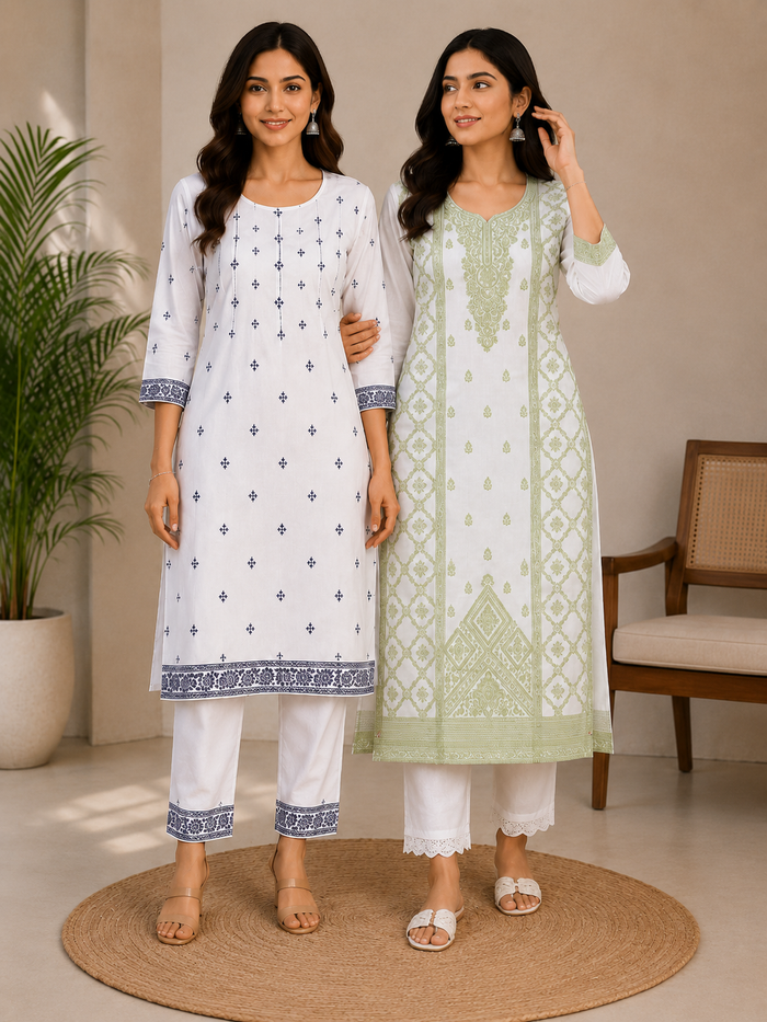 Women’s White & Light Green Printed Kurta with White Pants – Elegant Ethnic Wear Set