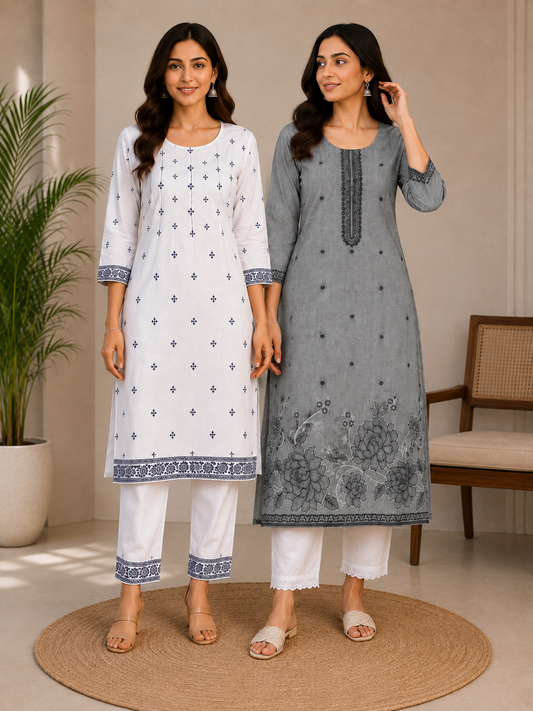 Women’s Printed Straight Kurta with White Pant – Elegant Floral & Ethnic Design