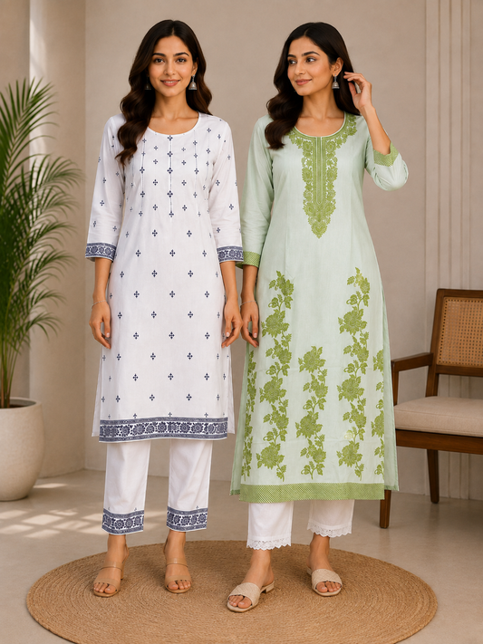 Women’s Premium Printed Straight Kurta with White Pant – Elegant Ethnic Wear Set