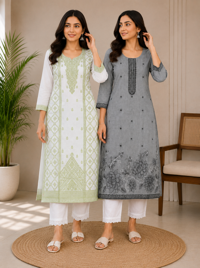 Women’s Printed Straight Kurta with White Pants – Light Green & Grey Ethnic Wear Set