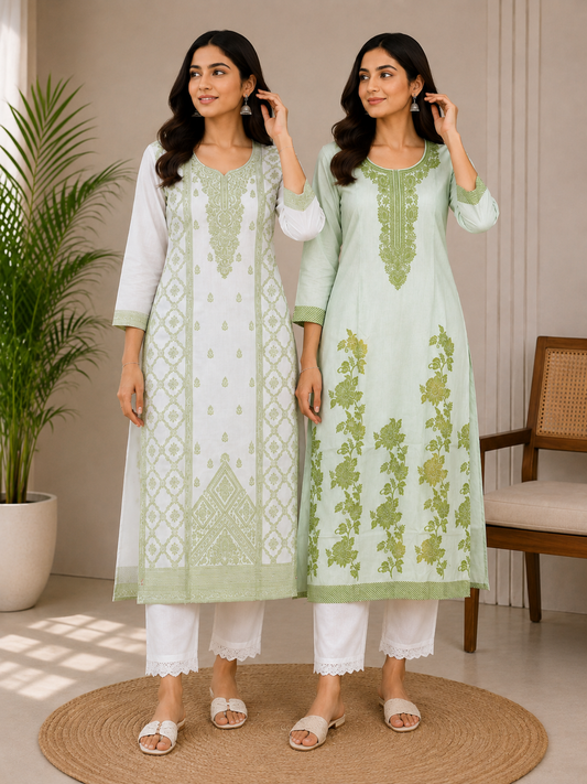 Women’s Light Green Printed Straight Kurta with White Pants – Elegant Ethnic Wear Set